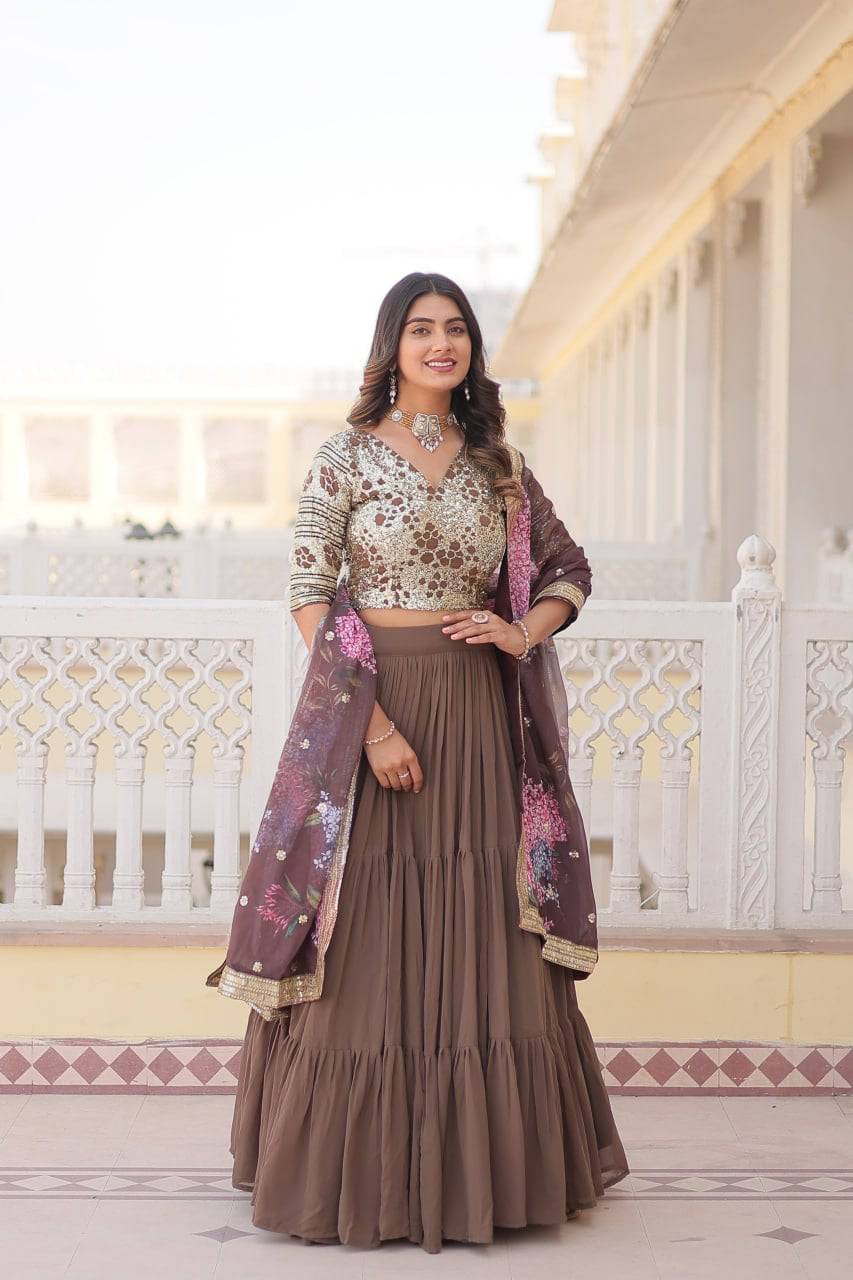 Vibrant Brown Faux Georgette Sequins Embroidered Lehenga Choli - INDIAN ELEGANCE