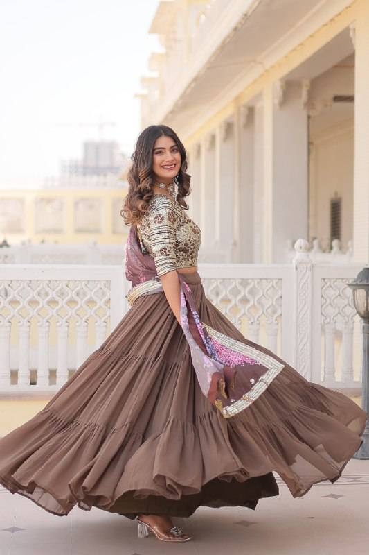 Vibrant Brown Faux Georgette Sequins Embroidered Lehenga Choli - INDIAN ELEGANCE