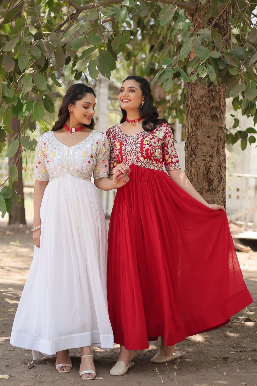 Shimmering Faux Georgette Fully Stitched Designer Gown - INDIAN ELEGANCE
