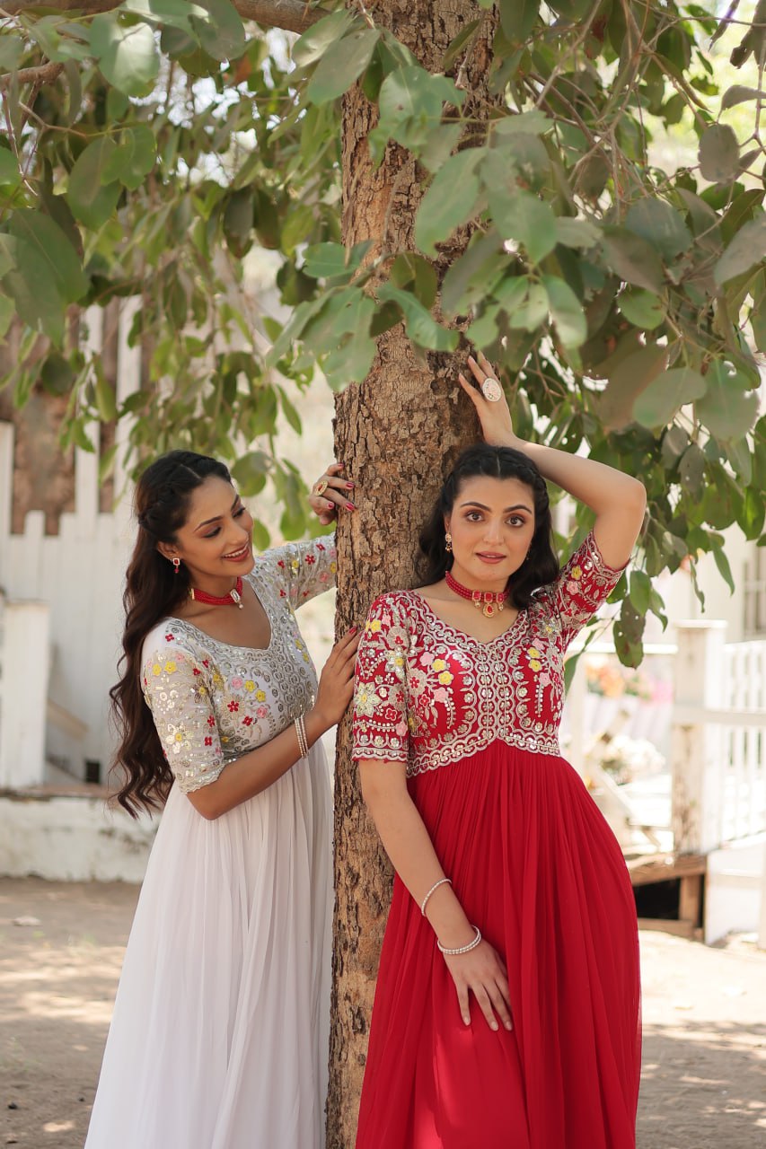 Shimmering Faux Georgette Fully Stitched Designer Gown - INDIAN ELEGANCE