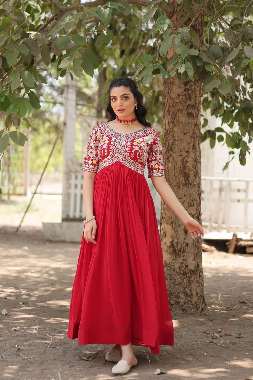 Shimmering Faux Georgette Fully Stitched Designer Gown - INDIAN ELEGANCE