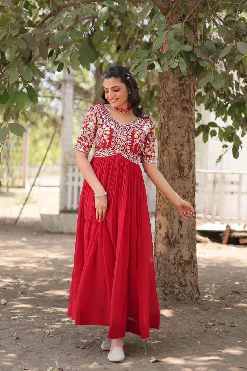 Shimmering Faux Georgette Fully Stitched Designer Gown - INDIAN ELEGANCE