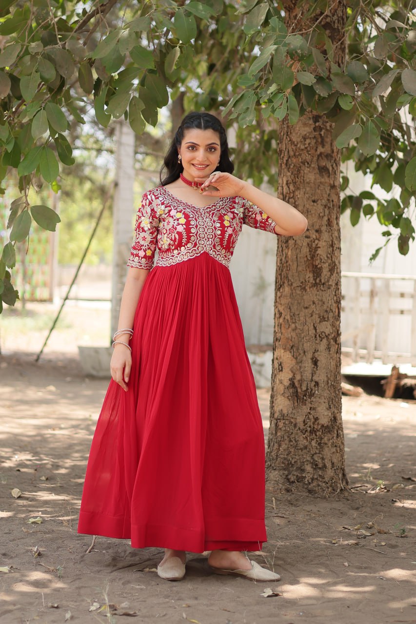 Shimmering Faux Georgette Fully Stitched Designer Gown - INDIAN ELEGANCE