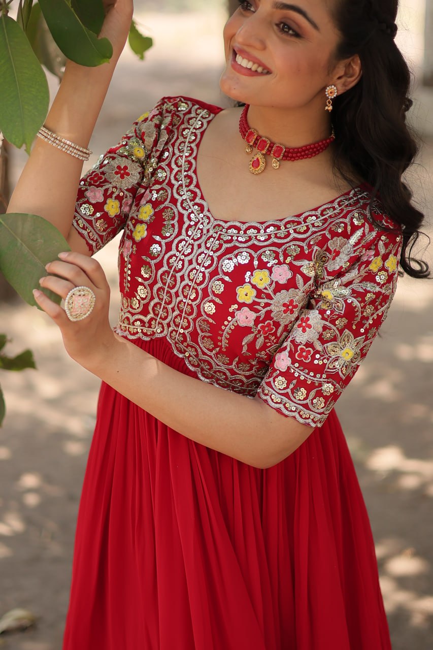 Shimmering Faux Georgette Fully Stitched Designer Gown - INDIAN ELEGANCE