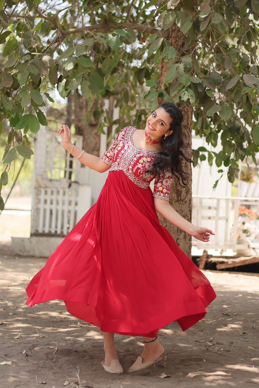 Shimmering Faux Georgette Fully Stitched Designer Gown - INDIAN ELEGANCE