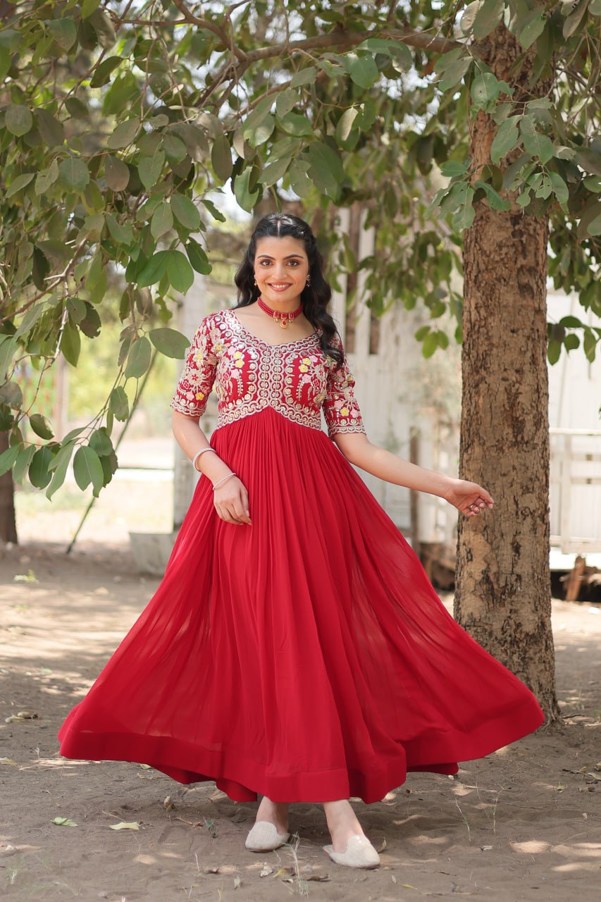 Shimmering Faux Georgette Fully Stitched Designer Gown - INDIAN ELEGANCE