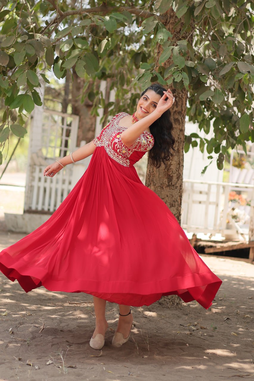 Shimmering Faux Georgette Fully Stitched Designer Gown - INDIAN ELEGANCE