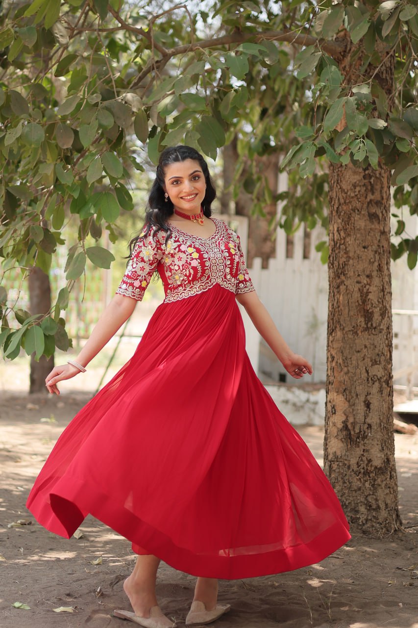 Shimmering Faux Georgette Fully Stitched Designer Gown - INDIAN ELEGANCE