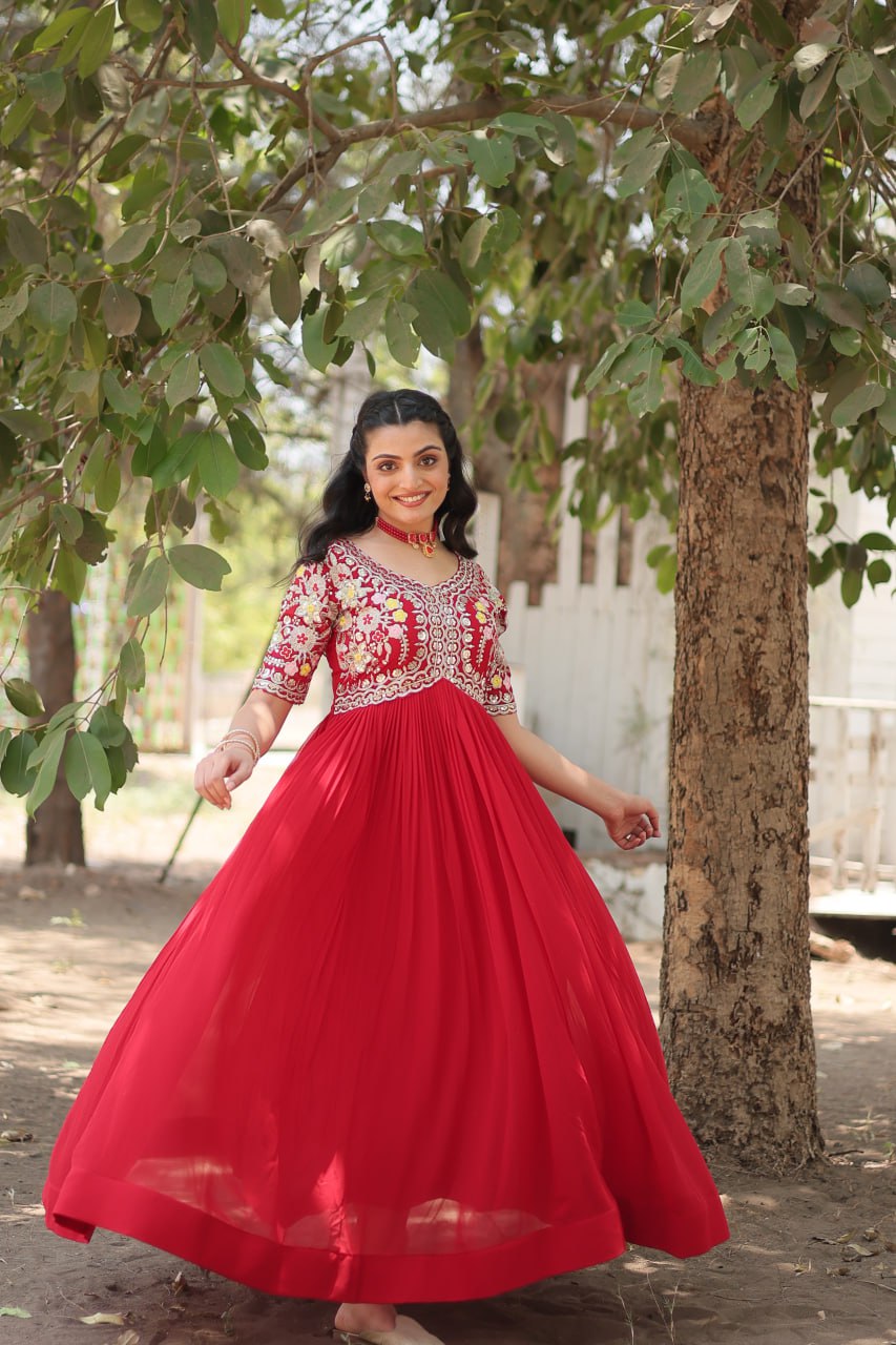 Shimmering Faux Georgette Fully Stitched Designer Gown - INDIAN ELEGANCE