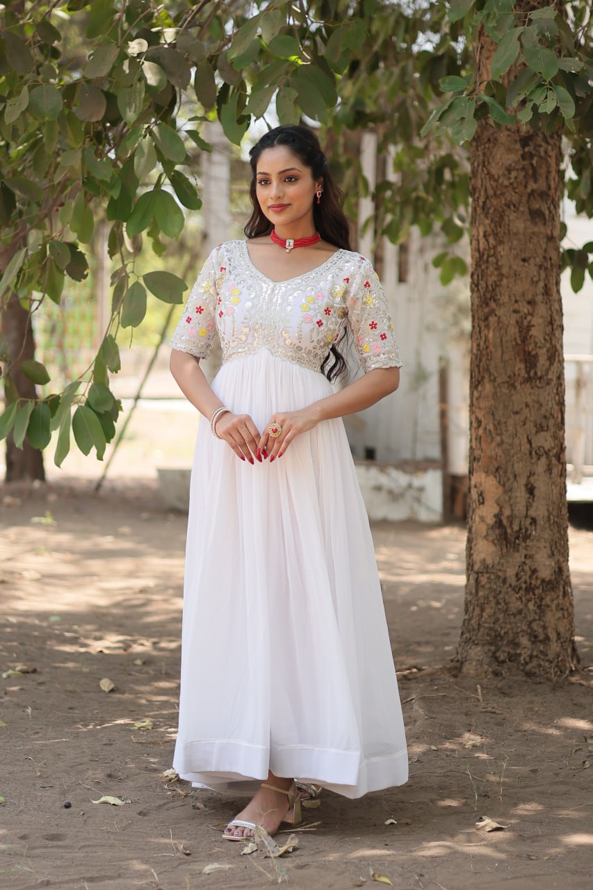 Shimmering Faux Georgette Fully Stitched Designer Gown - INDIAN ELEGANCE