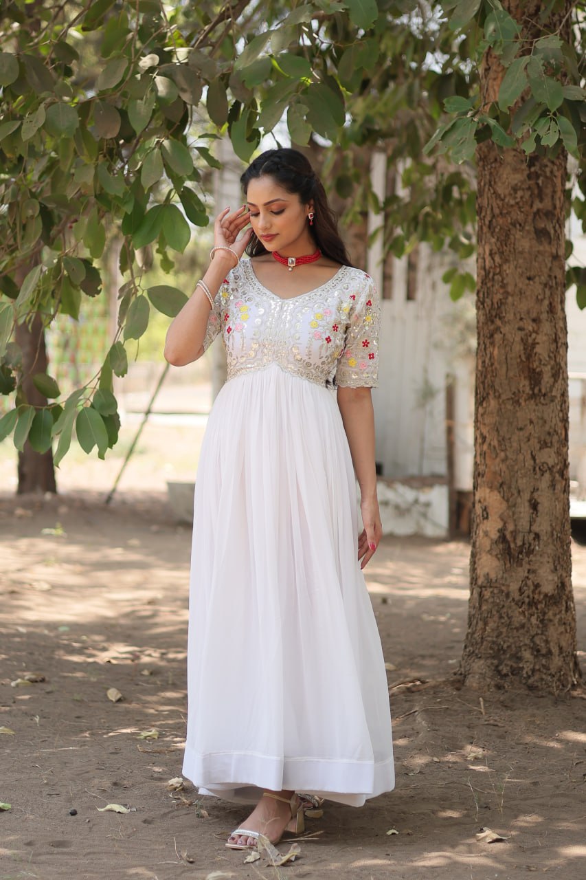 Shimmering Faux Georgette Fully Stitched Designer Gown - INDIAN ELEGANCE