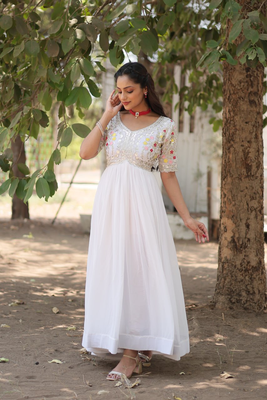 Shimmering Faux Georgette Fully Stitched Designer Gown - INDIAN ELEGANCE