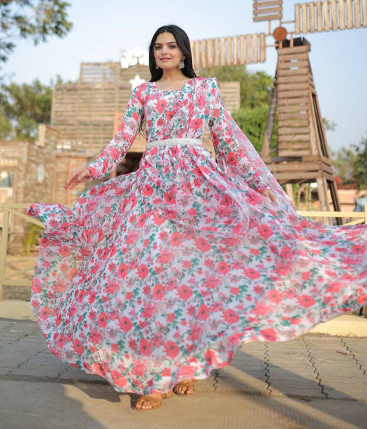 Pink Floral Digital Printed Faux Georgette Gown With Dupatta - INDIAN ELEGANCE