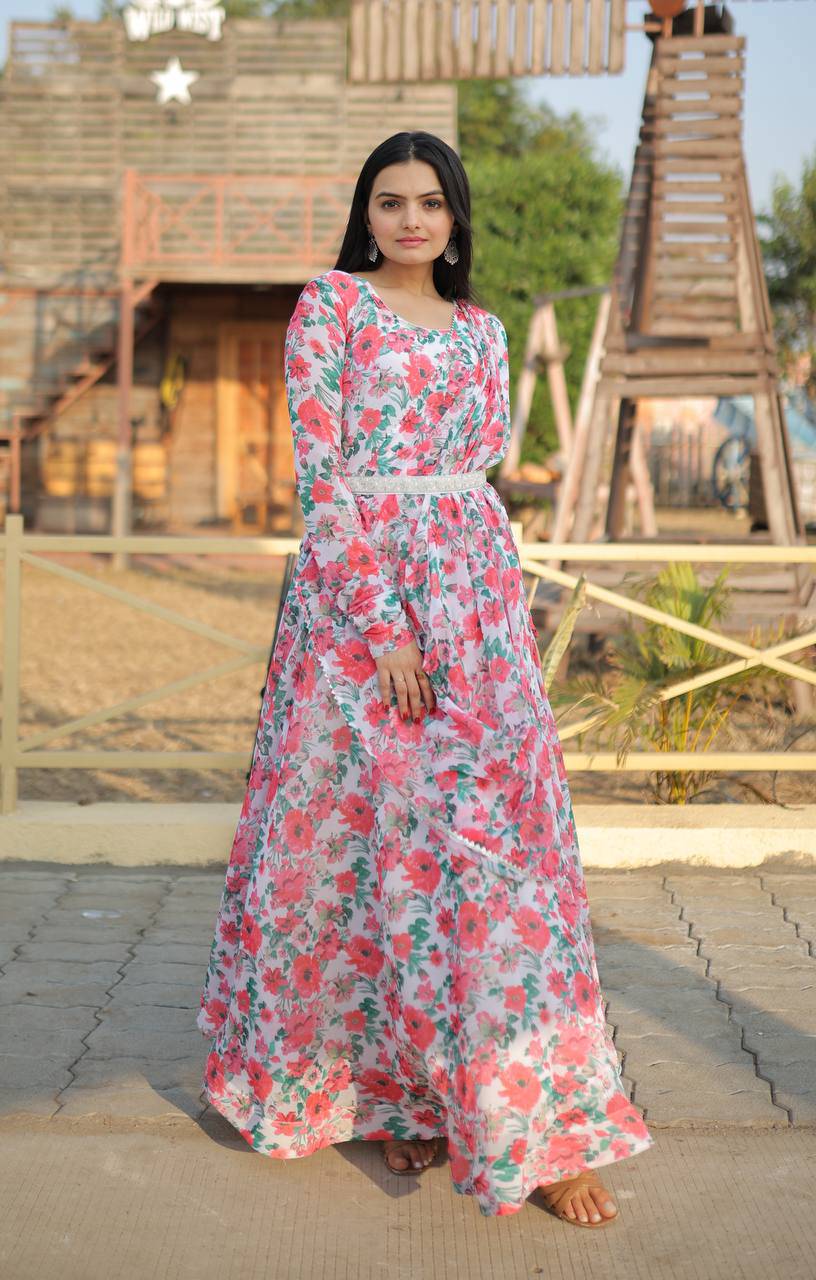 Pink Floral Digital Printed Faux Georgette Gown With Dupatta - INDIAN ELEGANCE