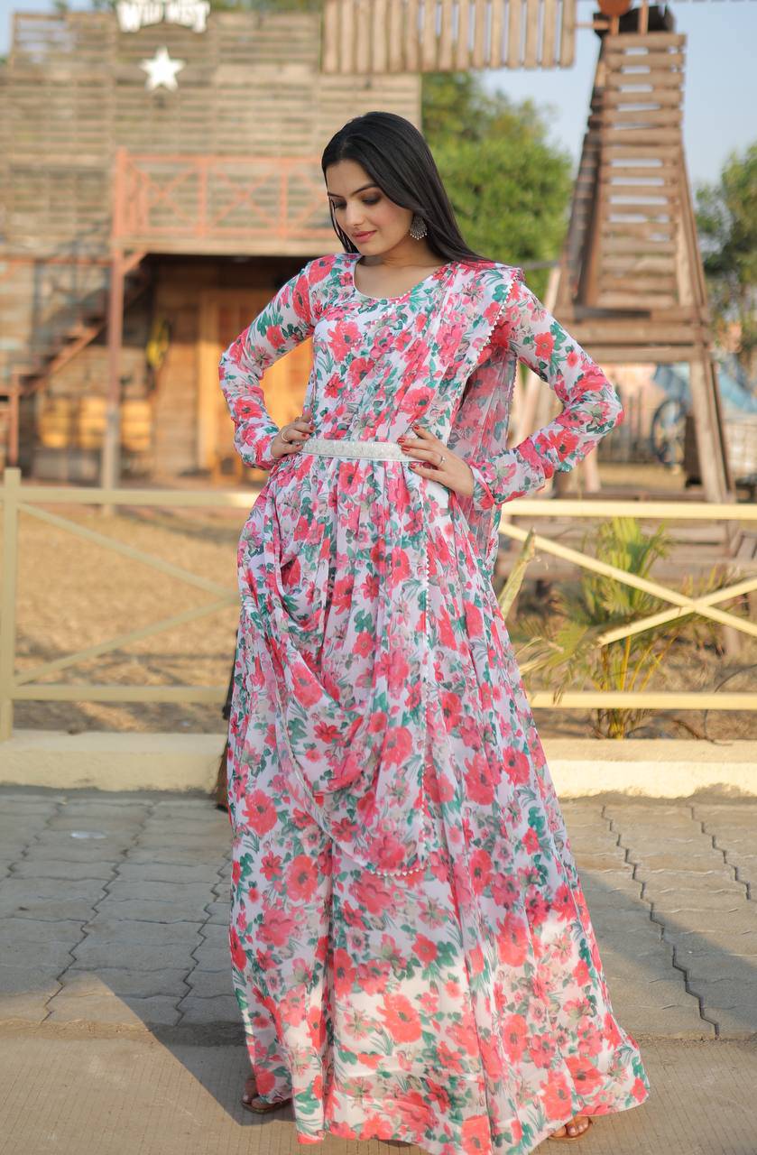 Pink Floral Digital Printed Faux Georgette Gown With Dupatta - INDIAN ELEGANCE