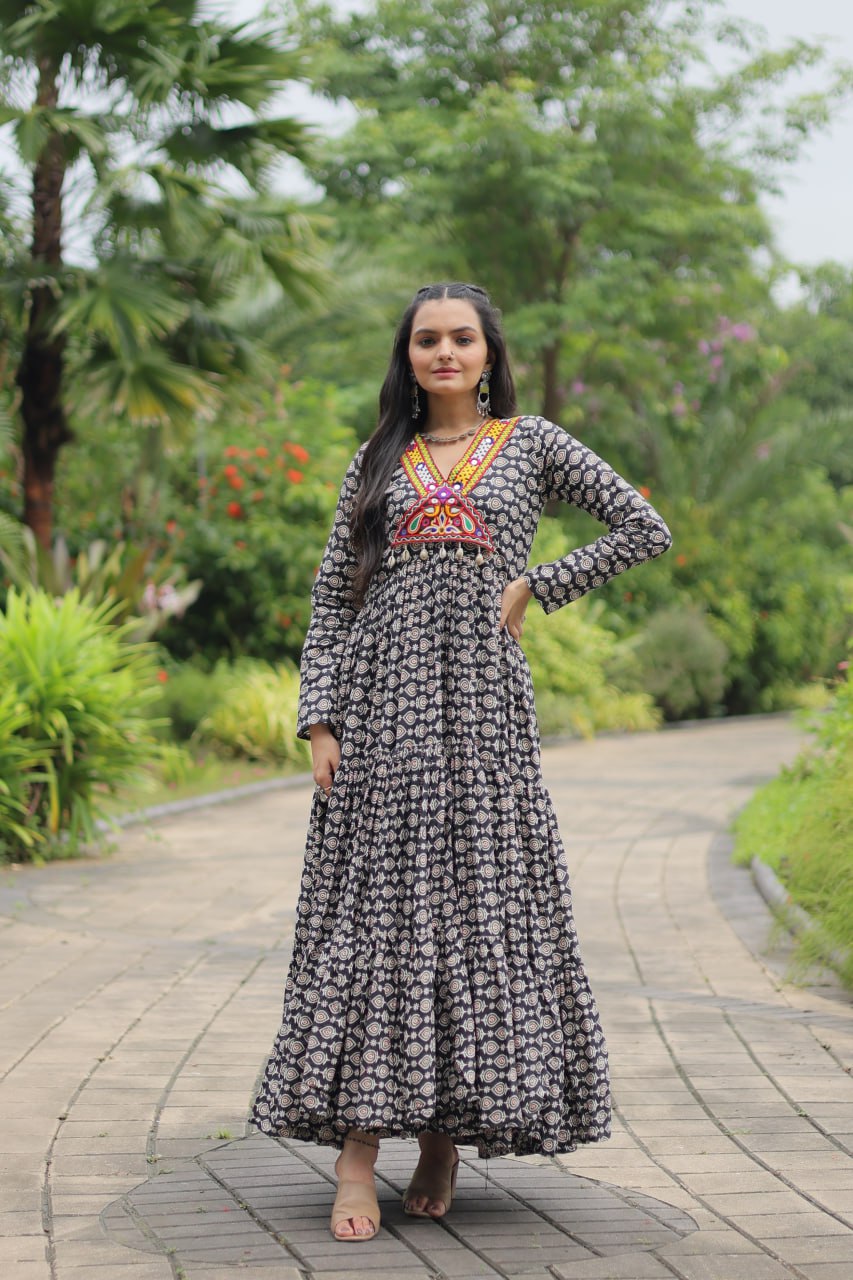 Ravishing Black Cotton Kutchi Gamthi Worked Navratri Gown - INDIAN ELEGANCE