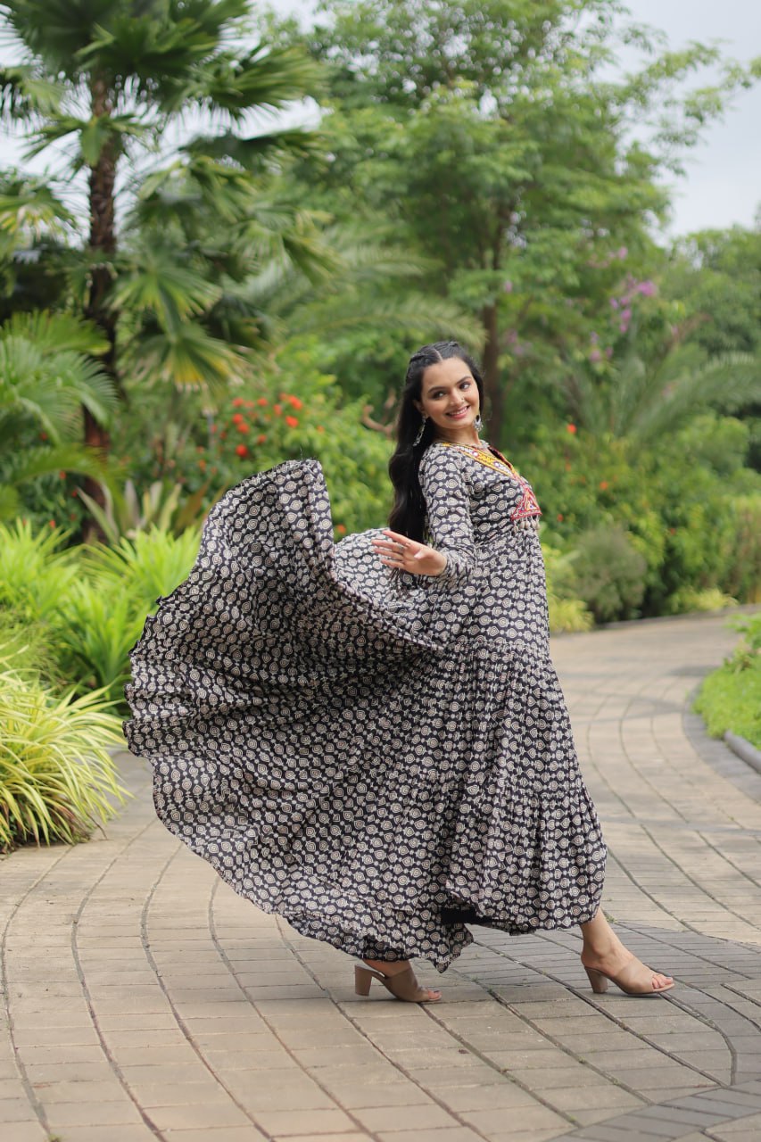 Ravishing Black Cotton Kutchi Gamthi Worked Navratri Gown - INDIAN ELEGANCE