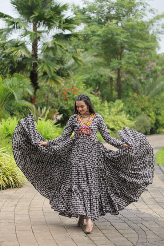 Ravishing Black Cotton Kutchi Gamthi Worked Navratri Gown - INDIAN ELEGANCE