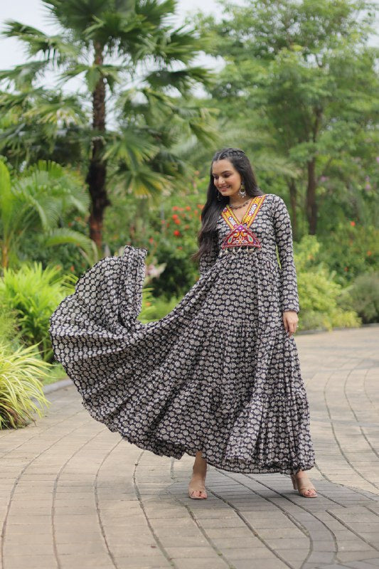 Ravishing Black Cotton Kutchi Gamthi Worked Navratri Gown - INDIAN ELEGANCE