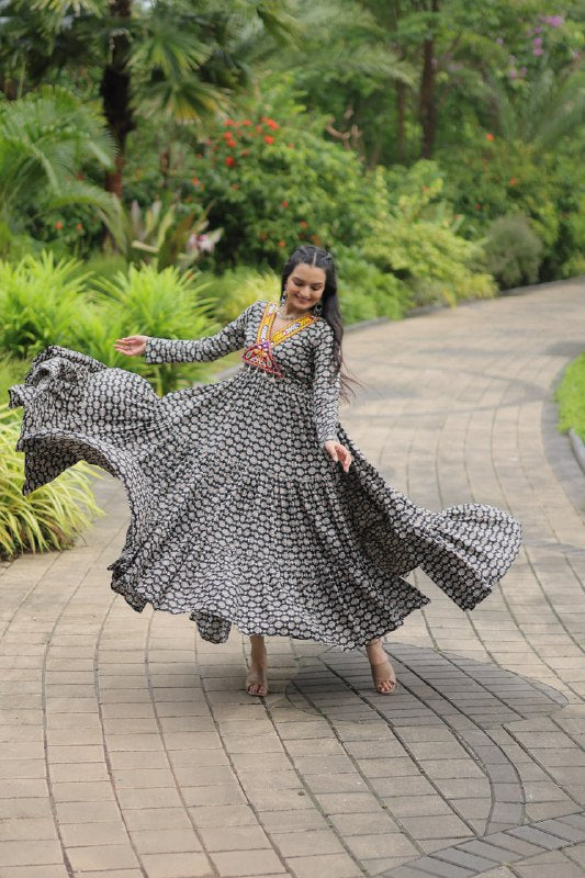 Ravishing Black Cotton Kutchi Gamthi Worked Navratri Gown - INDIAN ELEGANCE