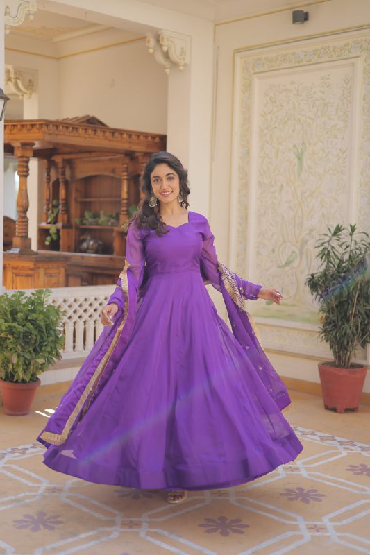 Alluring Russian Silk Fully Stitched Designer Gown With Dupatta - INDIAN ELEGANCE