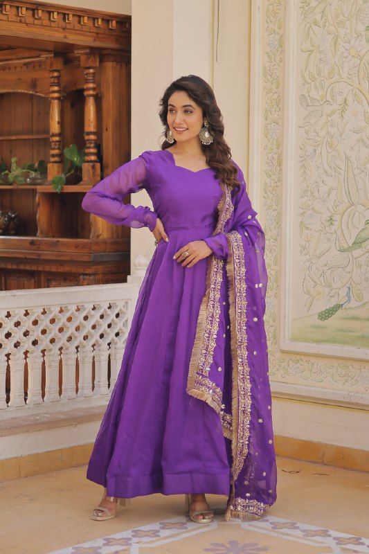 Alluring Russian Silk Fully Stitched Designer Gown With Dupatta - INDIAN ELEGANCE
