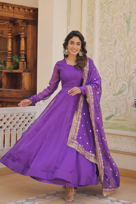 Alluring Russian Silk Fully Stitched Designer Gown With Dupatta - INDIAN ELEGANCE