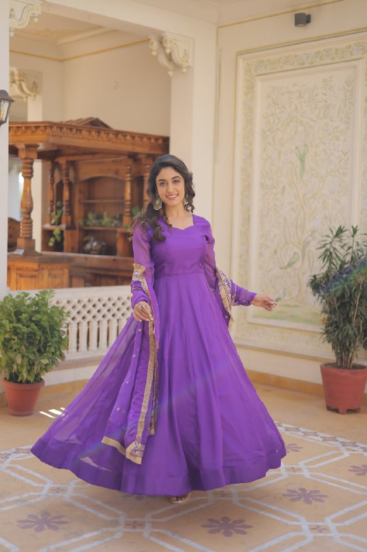 Alluring Russian Silk Fully Stitched Designer Gown With Dupatta - INDIAN ELEGANCE