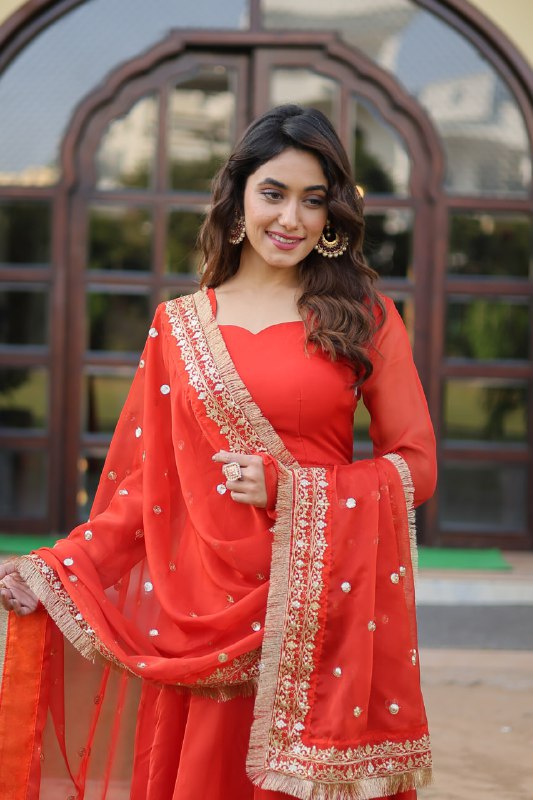 Alluring Russian Silk Fully Stitched Designer Gown With Dupatta - INDIAN ELEGANCE
