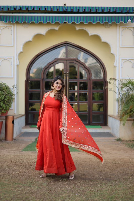 Alluring Russian Silk Fully Stitched Designer Gown With Dupatta - INDIAN ELEGANCE