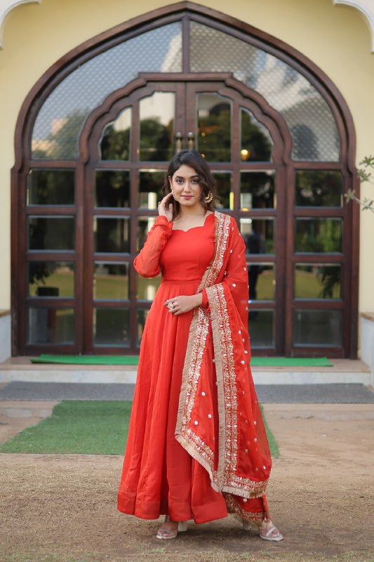 Alluring Russian Silk Fully Stitched Designer Gown With Dupatta - INDIAN ELEGANCE