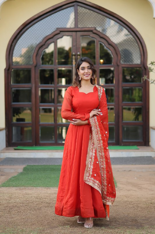 Alluring Russian Silk Fully Stitched Designer Gown With Dupatta - INDIAN ELEGANCE