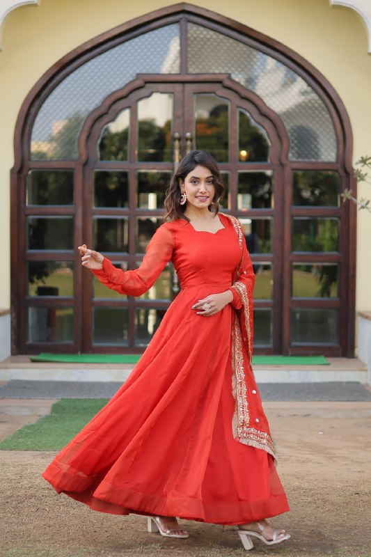 Alluring Russian Silk Fully Stitched Designer Gown With Dupatta - INDIAN ELEGANCE