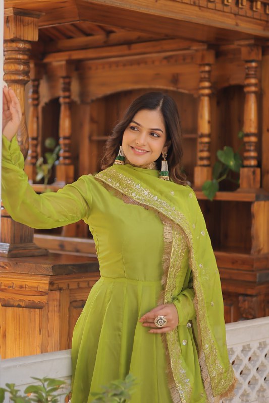 Alluring Russian Silk Fully Stitched Designer Gown With Dupatta - INDIAN ELEGANCE