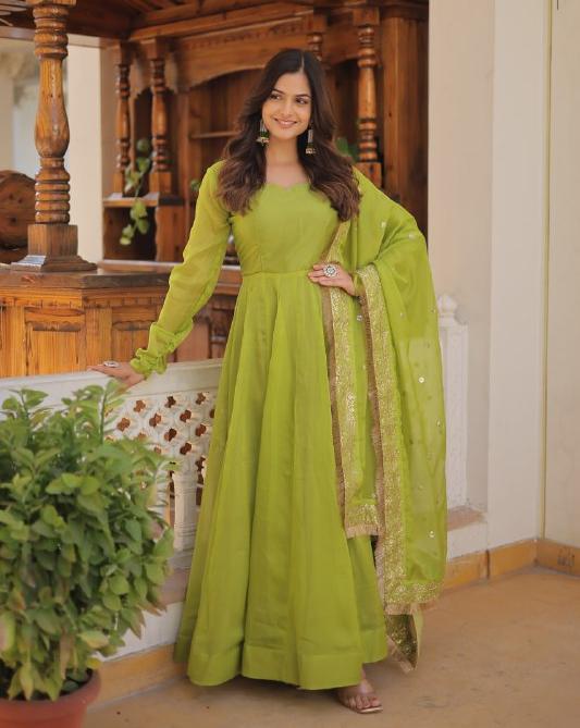 Alluring Russian Silk Fully Stitched Designer Gown With Dupatta - INDIAN ELEGANCE