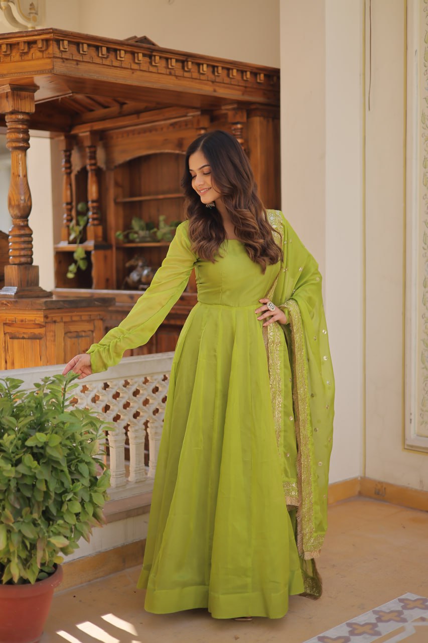Alluring Russian Silk Fully Stitched Designer Gown With Dupatta - INDIAN ELEGANCE