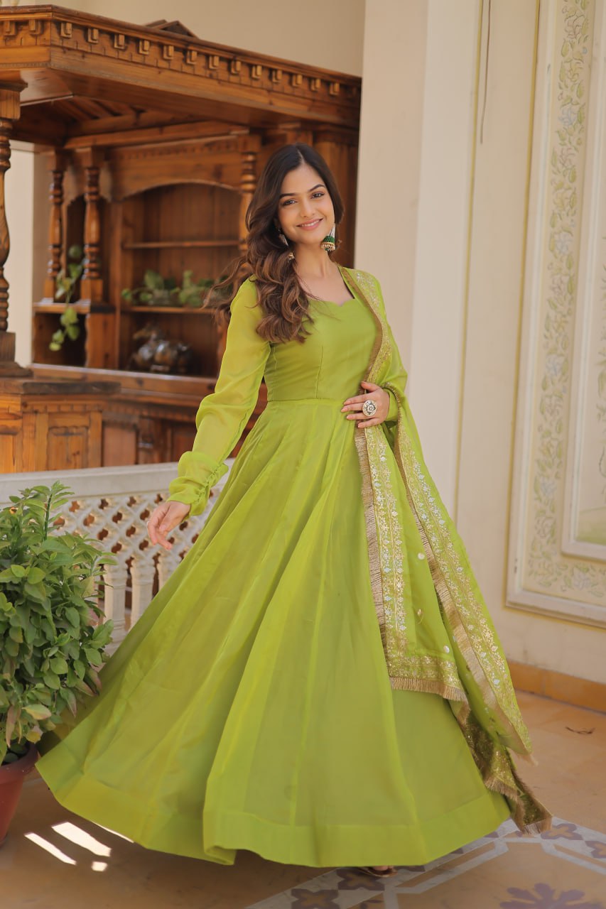 Alluring Russian Silk Fully Stitched Designer Gown With Dupatta - INDIAN ELEGANCE