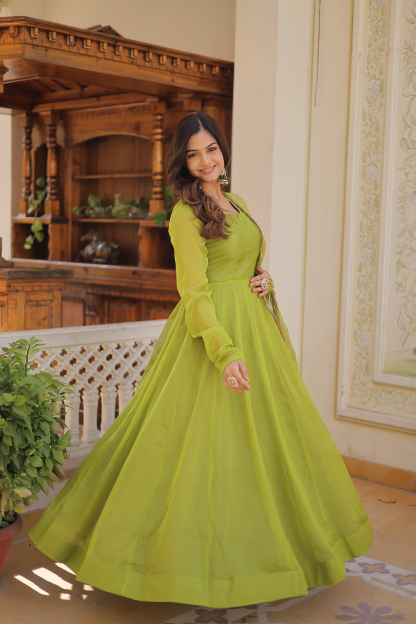 Alluring Russian Silk Fully Stitched Designer Gown With Dupatta - INDIAN ELEGANCE