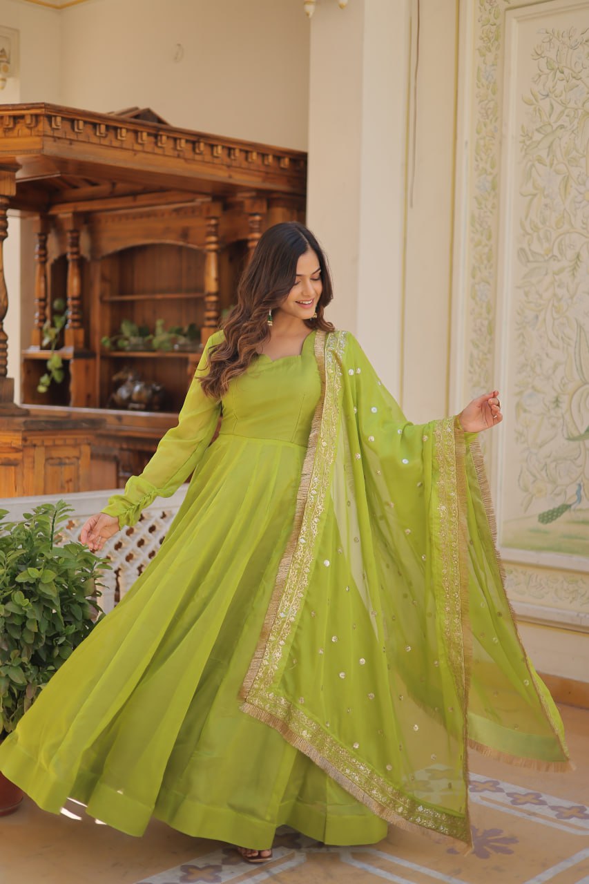 Alluring Russian Silk Fully Stitched Designer Gown With Dupatta - INDIAN ELEGANCE