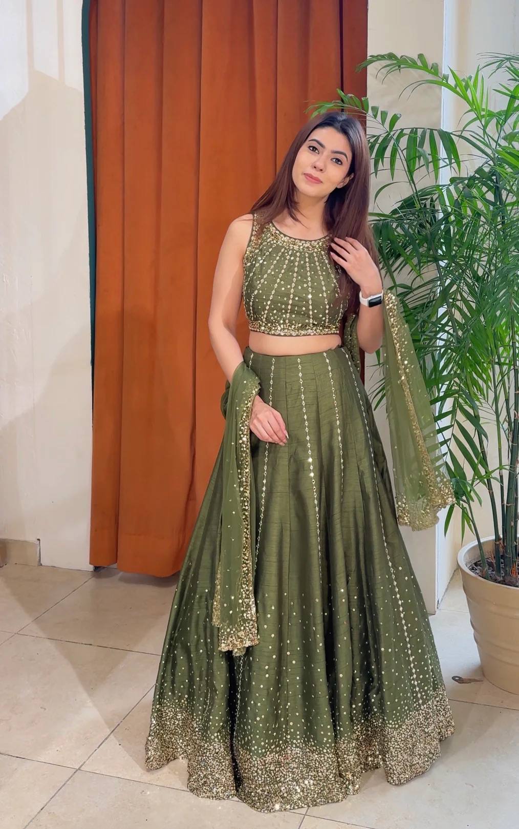 Thai Silk Wedding Wear Olive Green Sequin Work Lehenga Choli Set for Women