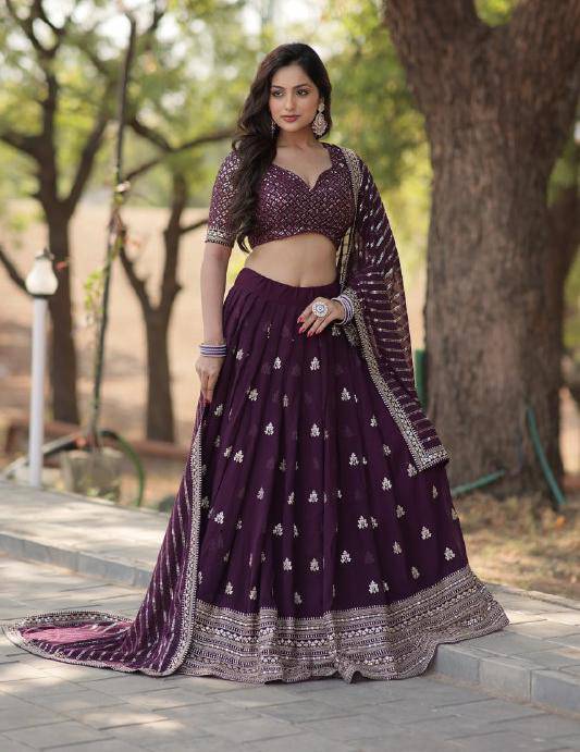 Mesmerizing Wine Faux Georgette Sequins Embroidered Wedding Lehenga Choli - INDIAN ELEGANCE
