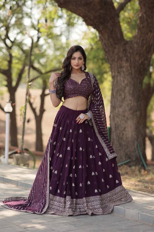 Mesmerizing Wine Faux Georgette Sequins Embroidered Wedding Lehenga Choli - INDIAN ELEGANCE