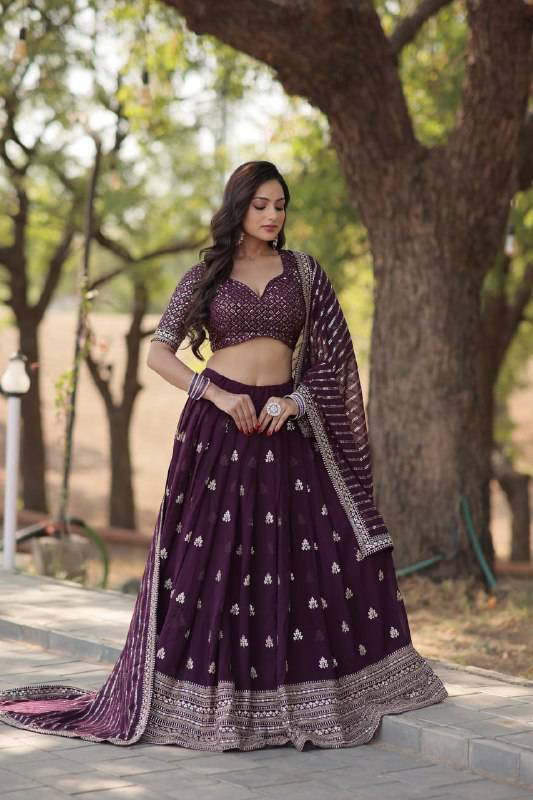 Mesmerizing Wine Faux Georgette Sequins Embroidered Wedding Lehenga Choli - INDIAN ELEGANCE