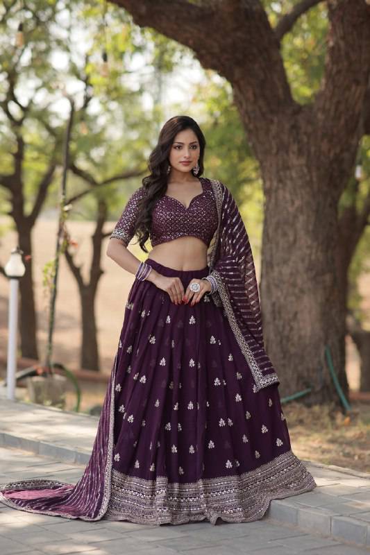 Mesmerizing Wine Faux Georgette Sequins Embroidered Wedding Lehenga Choli - INDIAN ELEGANCE