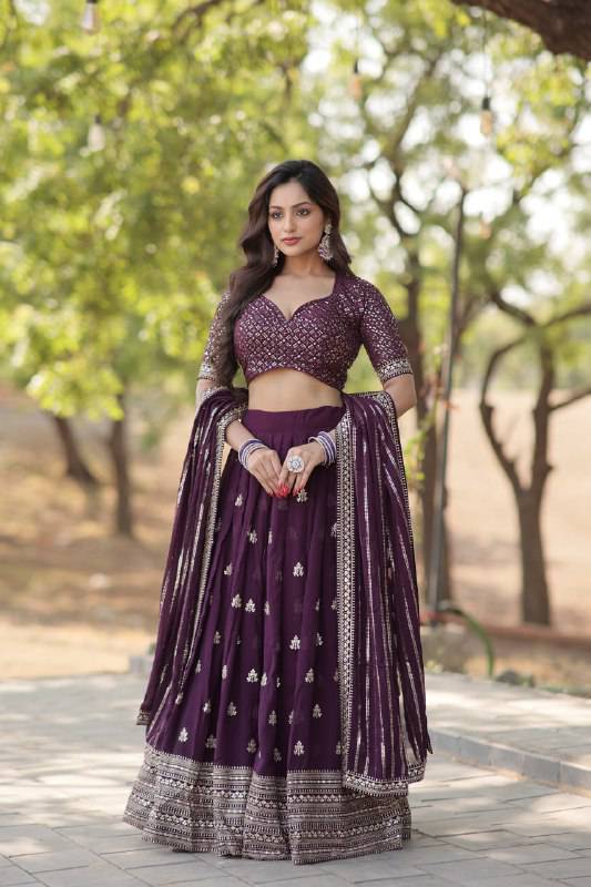 Mesmerizing Wine Faux Georgette Sequins Embroidered Wedding Lehenga Choli - INDIAN ELEGANCE