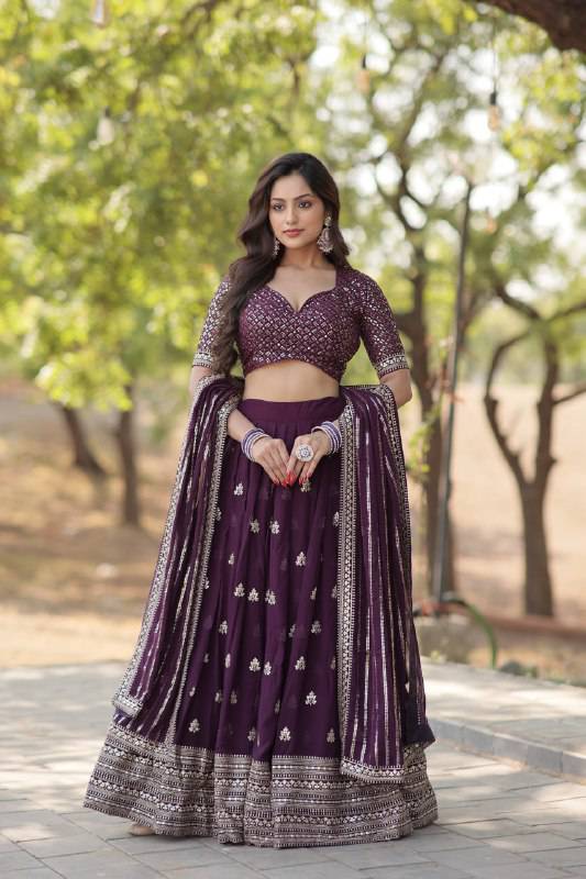 Mesmerizing Wine Faux Georgette Sequins Embroidered Wedding Lehenga Choli - INDIAN ELEGANCE