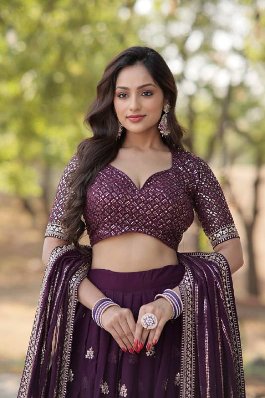 Mesmerizing Wine Faux Georgette Sequins Embroidered Wedding Lehenga Choli - INDIAN ELEGANCE