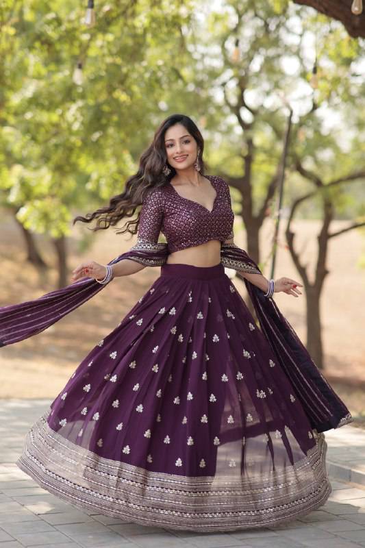 Mesmerizing Wine Faux Georgette Sequins Embroidered Wedding Lehenga Choli - INDIAN ELEGANCE