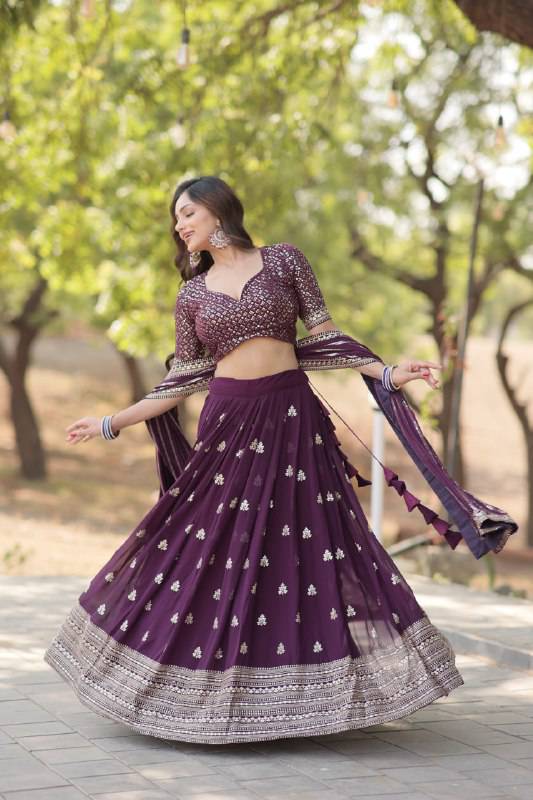 Mesmerizing Wine Faux Georgette Sequins Embroidered Wedding Lehenga Choli - INDIAN ELEGANCE