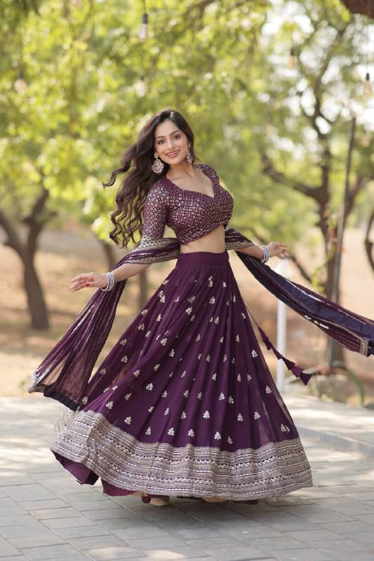 Mesmerizing Wine Faux Georgette Sequins Embroidered Wedding Lehenga Choli - INDIAN ELEGANCE